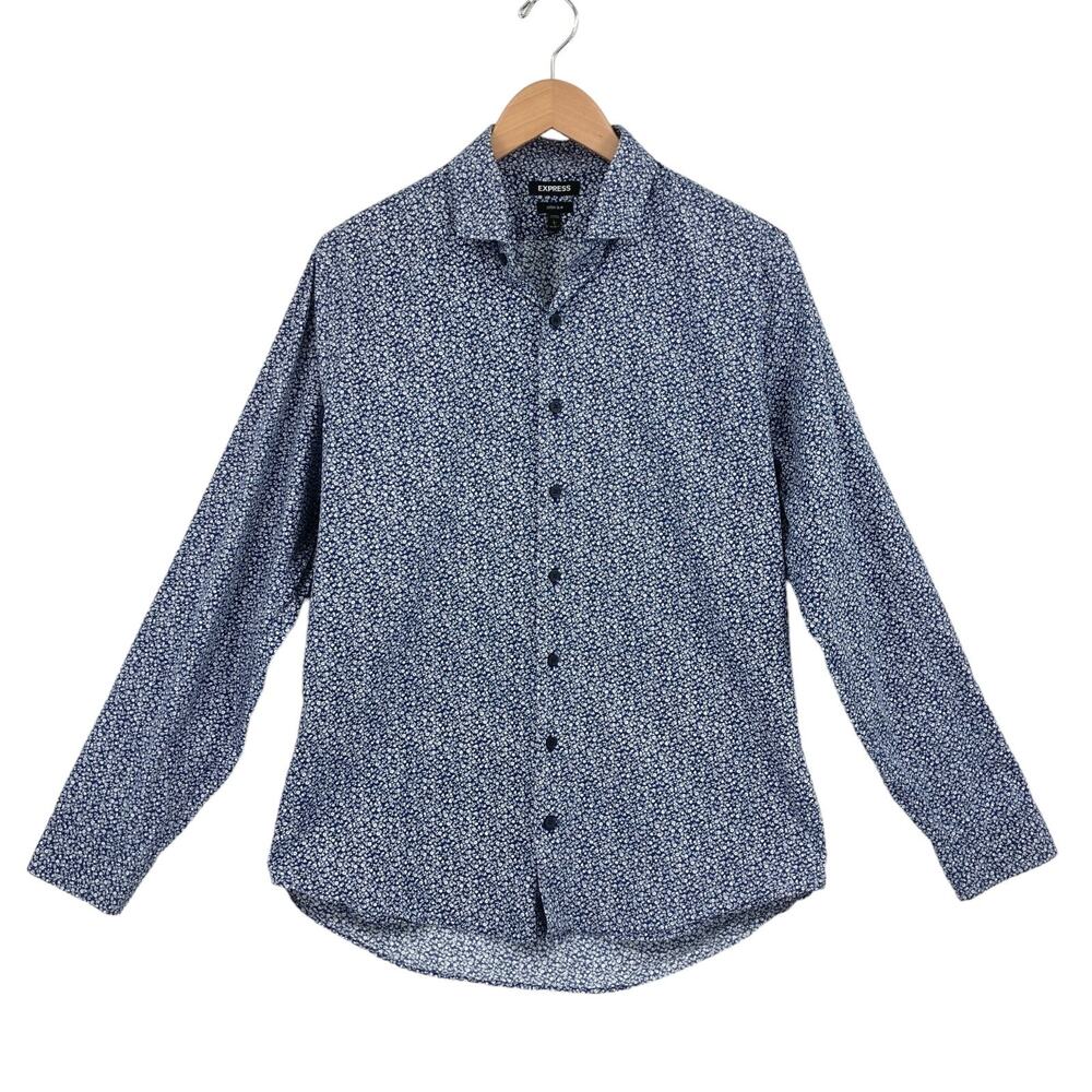 Express Dress Shirt Men Large Blue Floral Cotton Extra Slim Collared Button Down